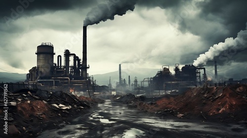 Striking industrial site  towering smokestacks  monochromatic power