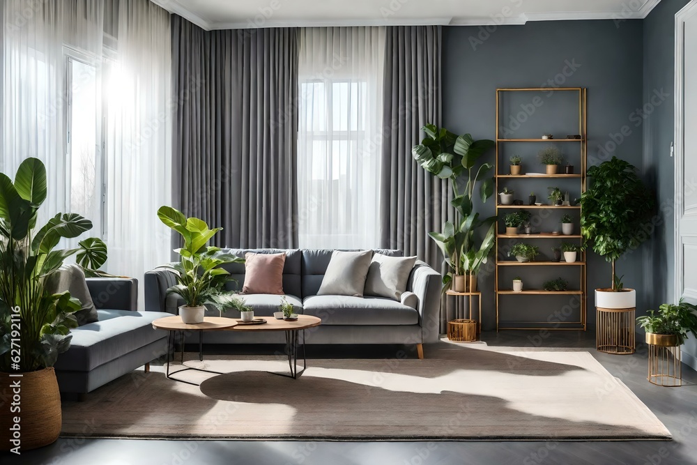 image of interior of gray walled living room with comfortable sofa