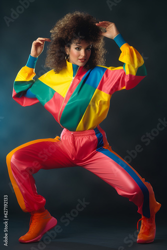 Sporty woman in colorful fitness outfit 80s retro fashion model poses gym concept