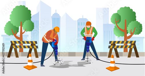 construction workers drilling concrete with heavy drill machinery, illustration Workers in construction vest with drill repairing road, workers and heavy machinery vector illustration