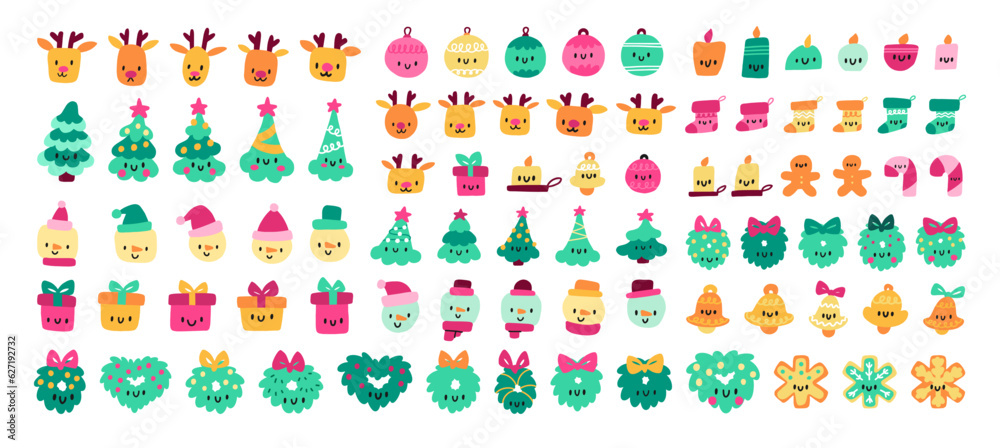 Sick New Year's Elements Set. Christmas cute kawaii characters - candle, reindeer, tree, present, sock, bell, snowman, Christmas ball, lollipop, cookie. Vector Clipart