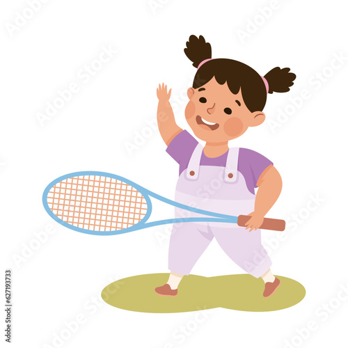 Girl Character Playing Badminton with Racquet Vector Illustration