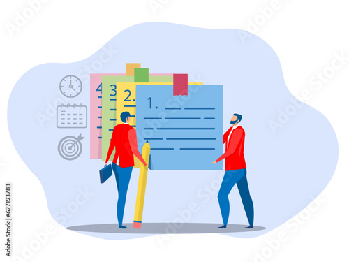 businessman planing with pencil-categorized sticky notes work for project management and sorting important or urgency tasks review project progress on kanban board.vector
