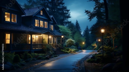 Atmospheric night scene: calming, peaceful home exterior