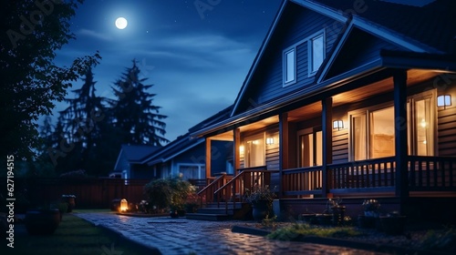 Atmospheric night scene: calming, peaceful home exterior