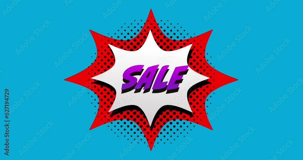 Animation of sale text over retro vibrant pattern and speech bubble