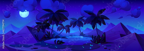 Night oasis in sand desert with palm tree vector landscape. Dark egypt glow lake water and dune illustration. Illustrated mirage banner with fireflies and full moon. Cloud in blue dubai sky wallpaper