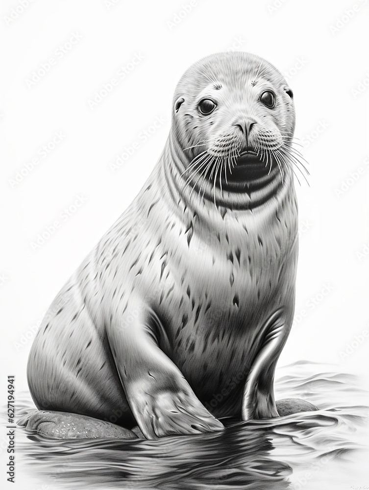 Fototapeta premium Wallpaper for phone with a pencil sketch artwork seal animal drawing.