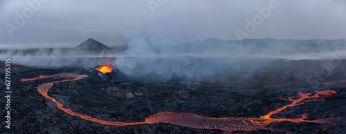 Aerial Panoramic view of Volcano Eruption.