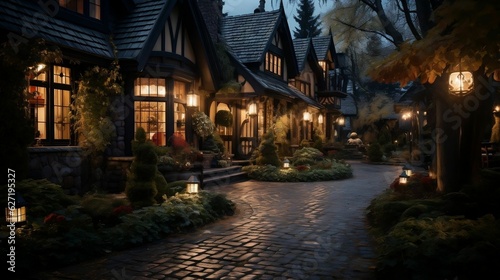 Captivating nighttime view  cozy  enchanting home exteriors