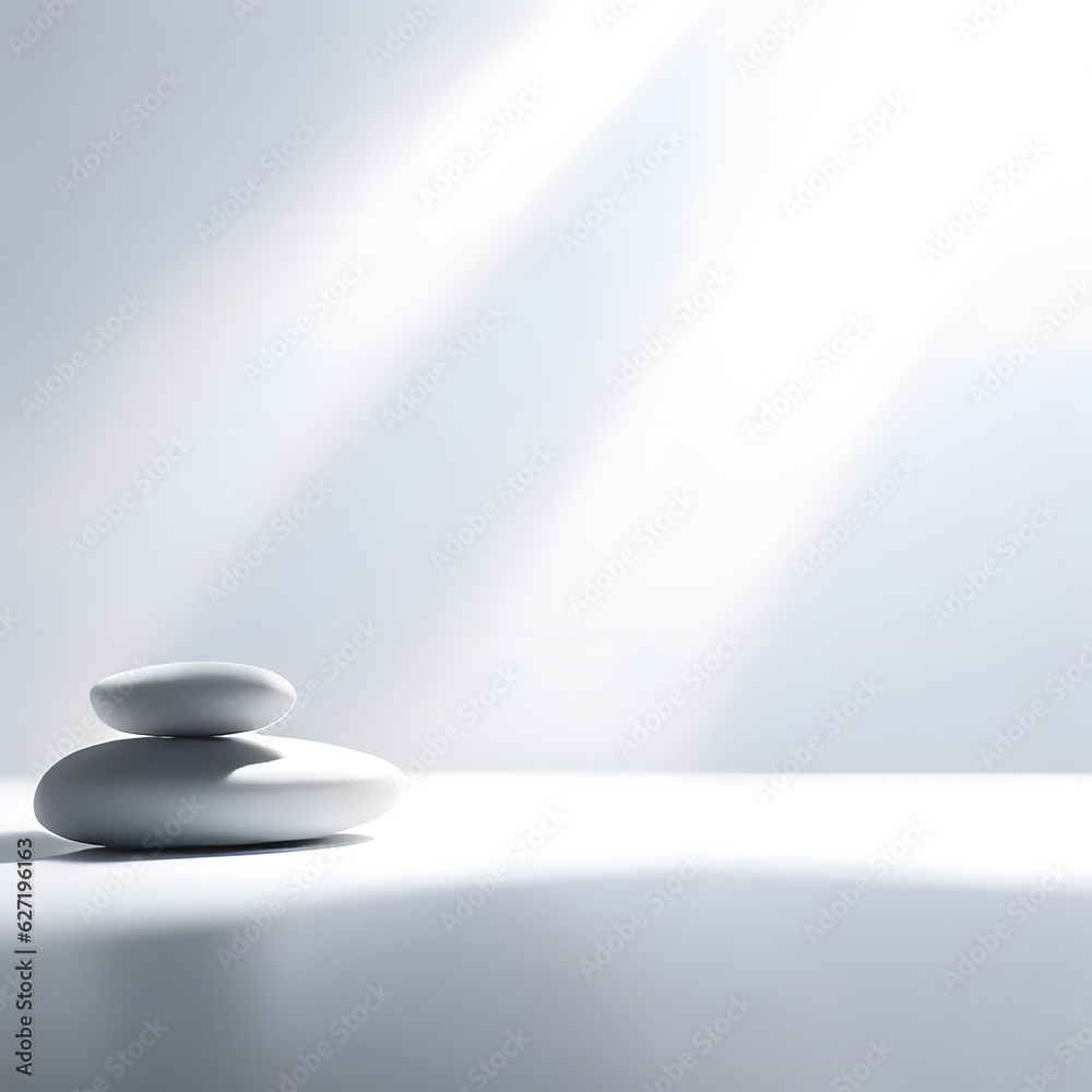 Fototapeta premium Bright zen-themed product or service spotlight background, white light, zen stones, green leaves