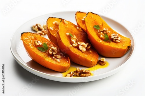 Pieces of baked pumpkin with nuts on a white plate isolated on a white background.