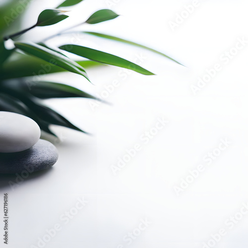 Bright zen-themed product or service spotlight background, white light, zen stones, green leaves