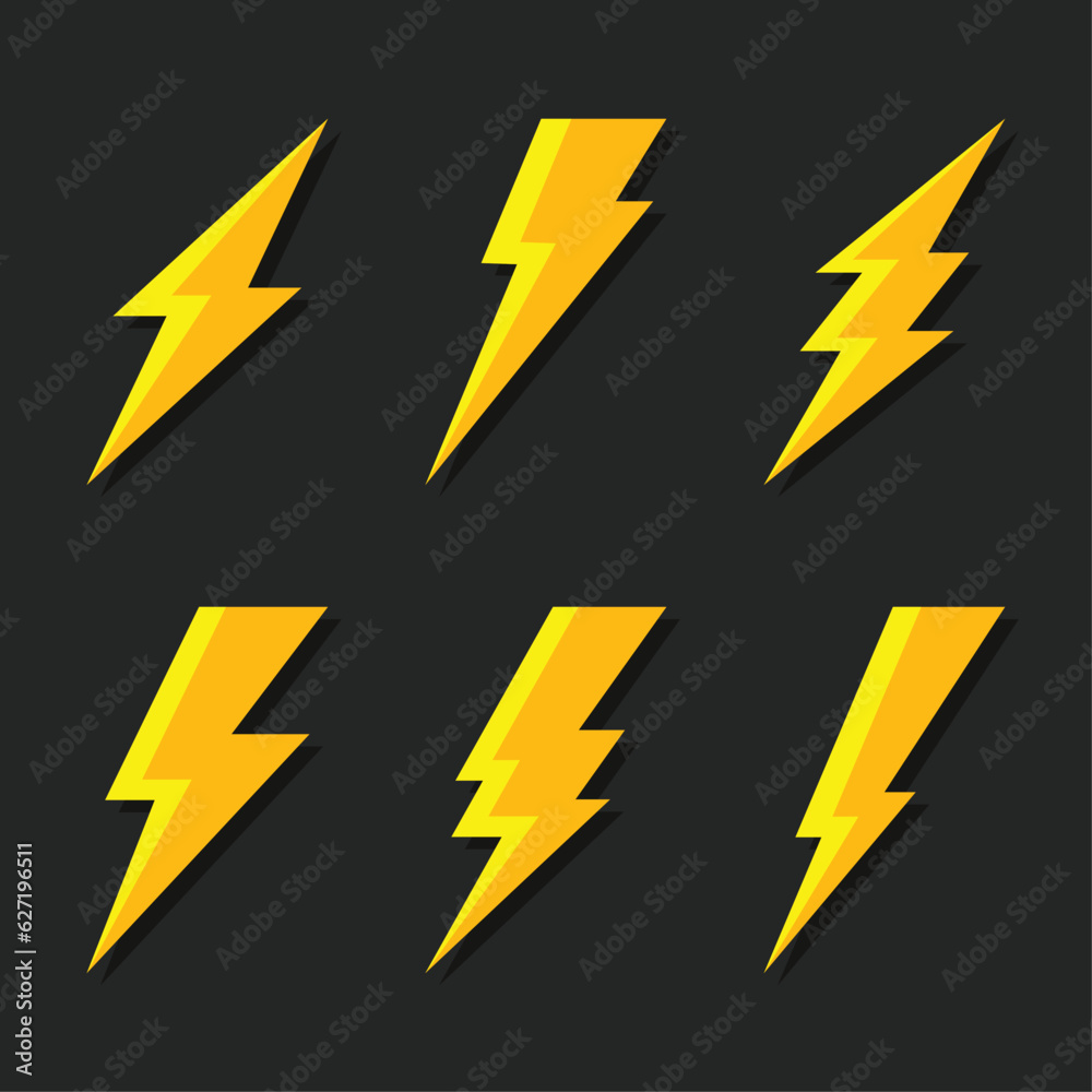 Thunder and Bolt Lighting Flash Icons Set. Flat Style on Dark Background. Vector Thunder and Bolt Lighting Flash Icons Set. Flat Style on Dark Background. Vector