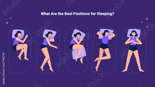 A woman is asleep in bed. Variations of different sleeping positions. Top view. Vector flat modern illustration for banners.