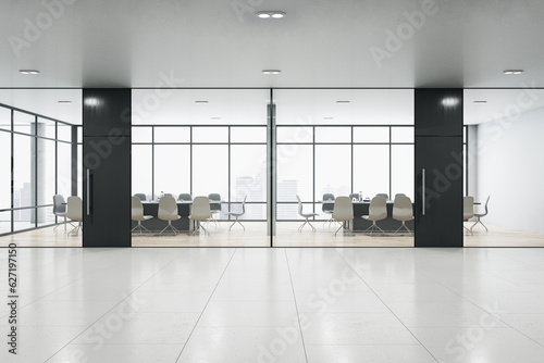 Front view of modern office hallway with meeting room with glass wall, panoramic window, wooden floor and entrance door. 3D Rendering