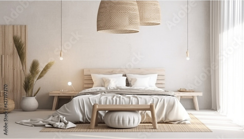 Coastal boho style bedroom interior, wall mockup, 3d render, generative ai