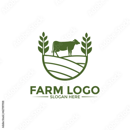 Farm logo vector, Cow or Cattle on field and wheat vector logo template