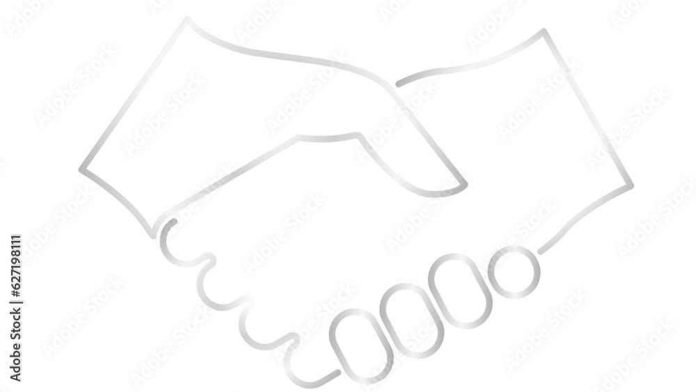 Animated silver linear handshake icon appears. Symbol is drawn. Concept of deal, agreement, treaty, partnership. Vector line illustration isolated on the white background. Animated silver linear handshake icon appears. Symbol is drawn. Concept of deal, agreement, treaty, partnership. Vector line illustration isolated on the white background.