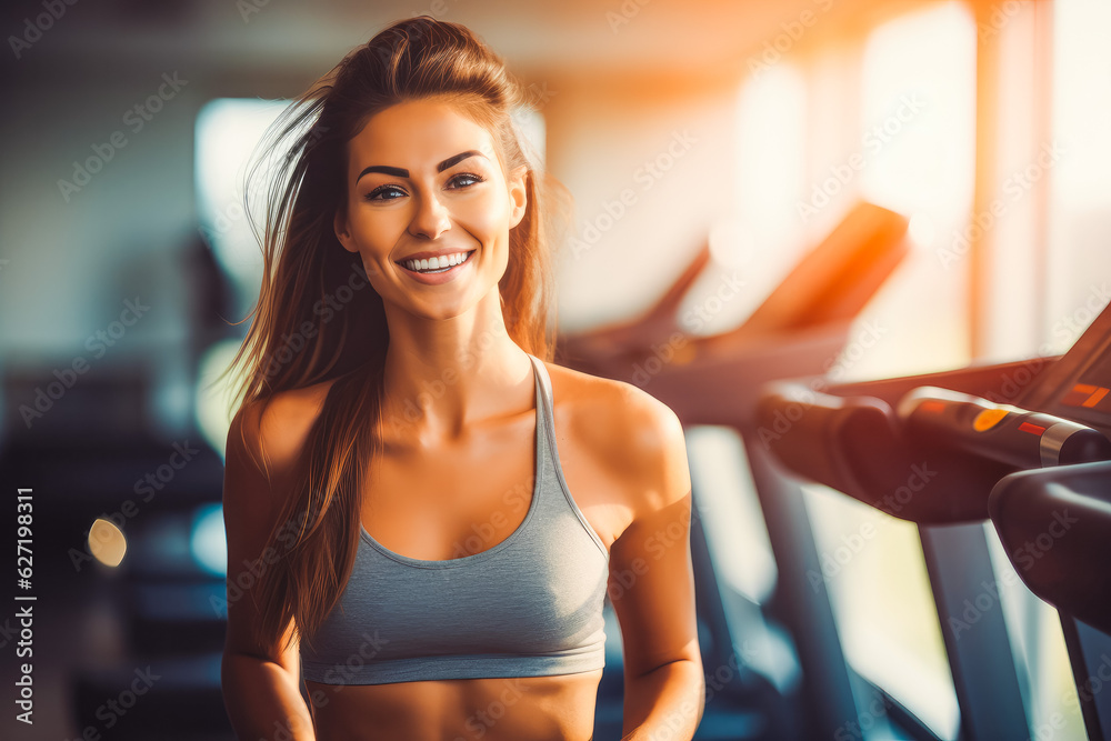Portrait of young sporty woman on treadmill in gym. Happy athletic fit muscular woman running in fitness center. Portrait of young sporty woman on treadmill in gym. Happy athletic fit muscular woman running in fitness center.