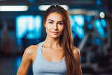 Portrait of young multiethnic sporty woman in gym. Happy athletic fit muscular woman in fitness center.