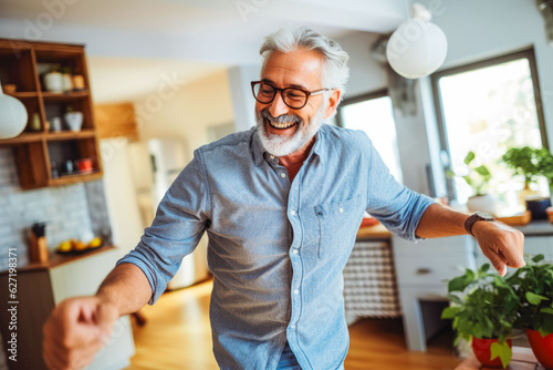 Positive latino older man dancing at home. Happiness and well being concept.