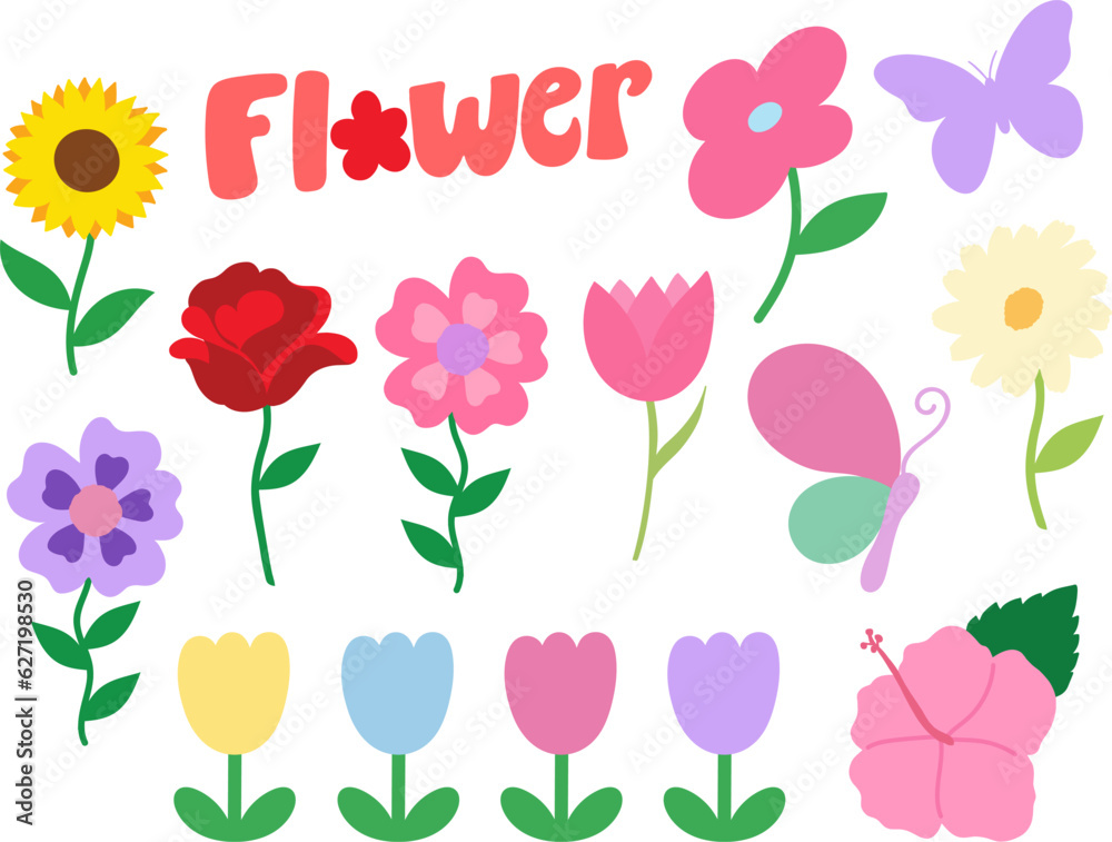 Various types of hand drawn flowers including rose, sunflower, tulip, daisy, hibiscus and butterfly. For floral decoration, spring and summer print, flower festival logo, icon, banner, post, frame...