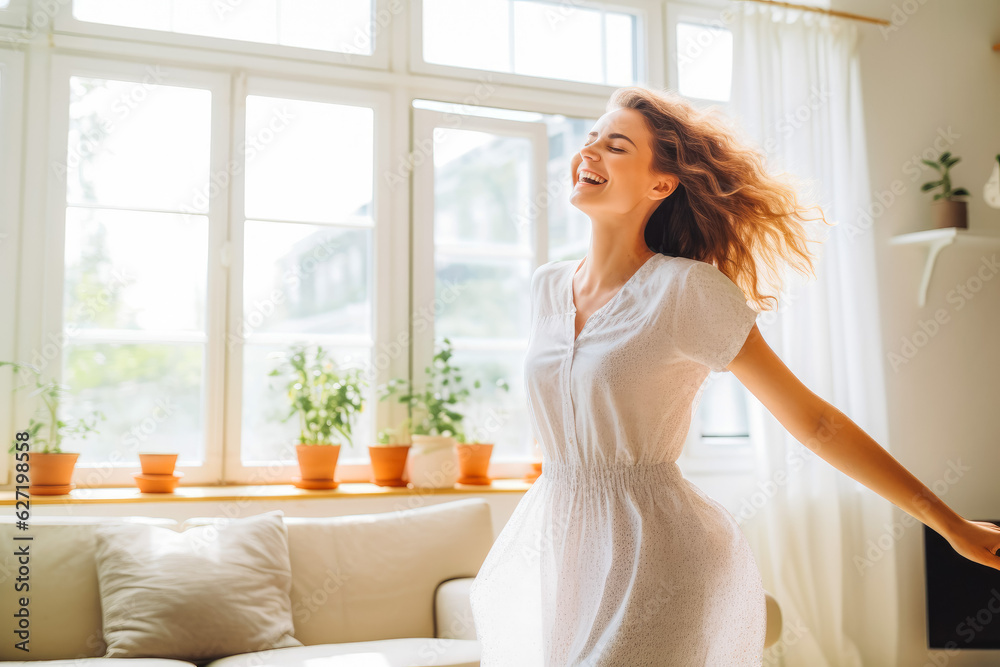 Positive white teen girl dancing at home. Happiness and well being concept. Positive white teen girl dancing at home. Happiness and well being concept.
