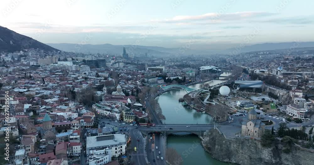 Aerial view of Metekhi church in old Tbilisi located on cliff near river Kura Aerial view of Metekhi church in old Tbilisi located on cliff near river Kura