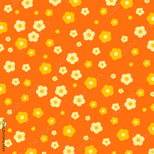 Yellow and orange flowers on orange background for wallpaper, backdrop, post card, spring, summer floral print, fabric, clothing pattern, nature, garden, picnic blanket, duvet, phone case, kid dress