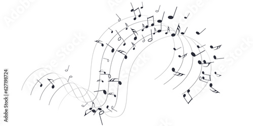 Flow of flying black notes on stave. Musical symbols for banner of festival, print design, melody recording, design back layers. Template musical notation symphony signs, notes for sound tune music