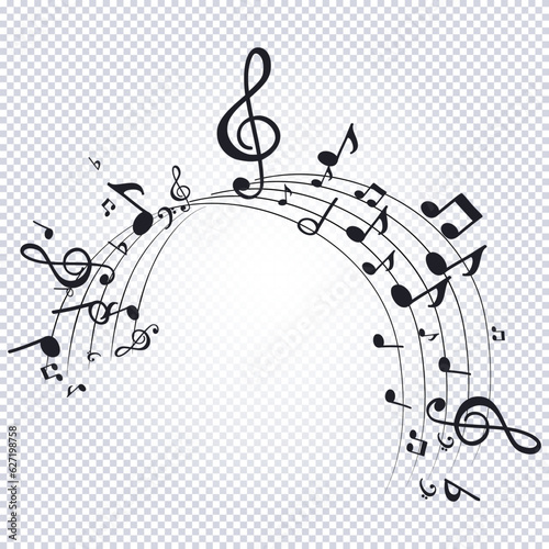 Flow of flying black notes on stave. Musical symbols for banner of festival, print design, melody recording, design back layers. Template musical notation symphony signs, notes for sound tune music