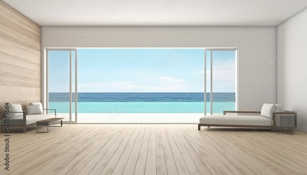 Fototapeta premium Sea view empty large living room of luxury summer beach house with swimming pool near wooden terrace. Big white wall background in vacation home or holiday villa. Hotel interior . Generative ai