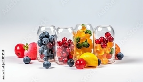 Transparent capsule with different fruits and berries rich in vitamins on white background, generative ai