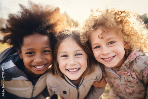 Group of cheerful happy multiethnic children outdoors