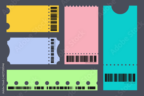Abstract Set Ticket Template. Background White for Travel by Tram, Bus. Vector Illustration Entrance Tickets to the Museum, Party, Cinema, Festival in the Flat Style.