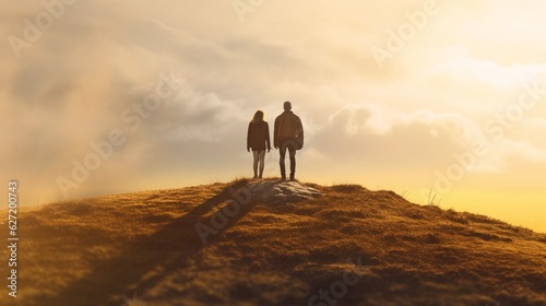 Couple of people standing on top of a hill. Generative AI © roy9