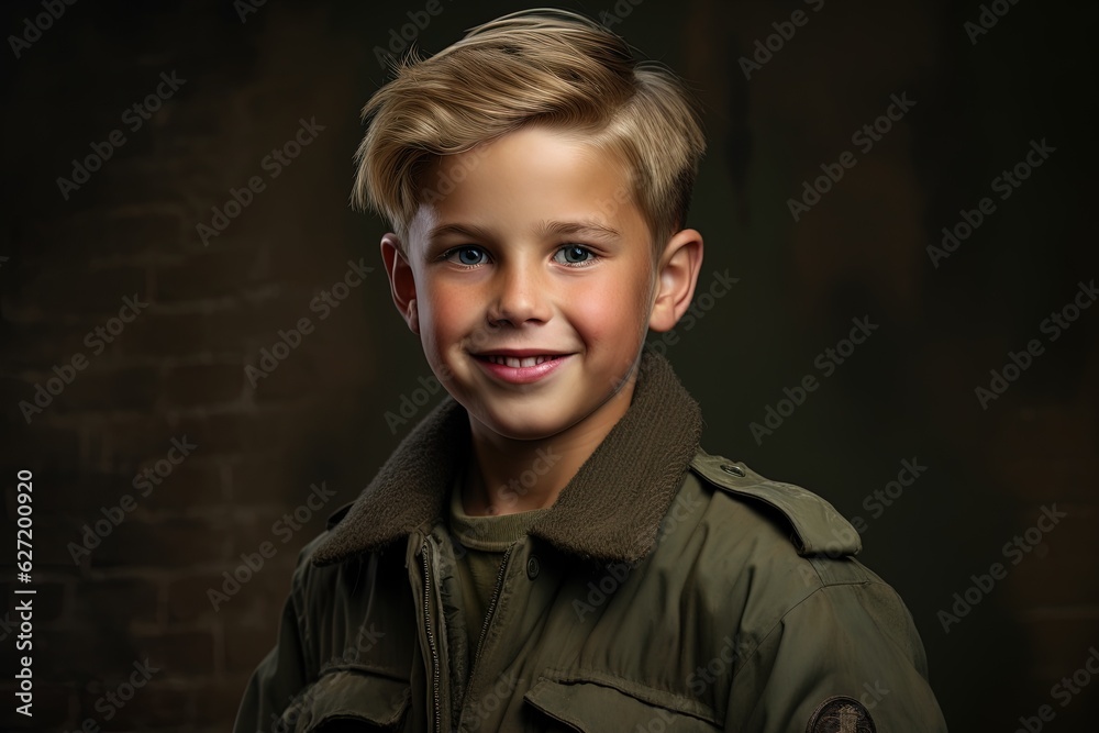 Portrait of a cute little boy in military uniform on dark background.Generative Ai