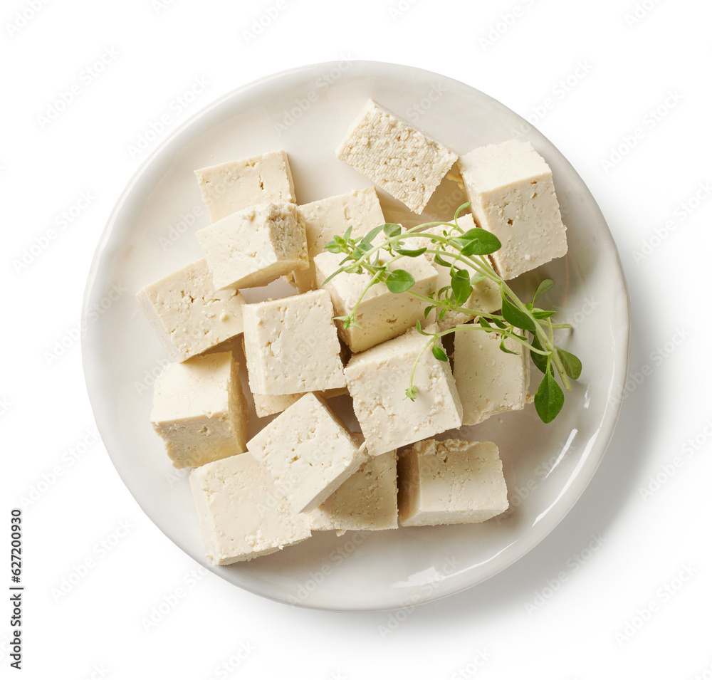 plate of tofu cheese cubes plate of tofu cheese cubes