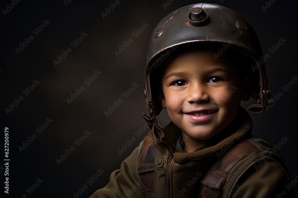 Portrait of a cute little boy in military uniform on dark background.Generative Ai Portrait of a cute little boy in military uniform on dark background.Generative Ai