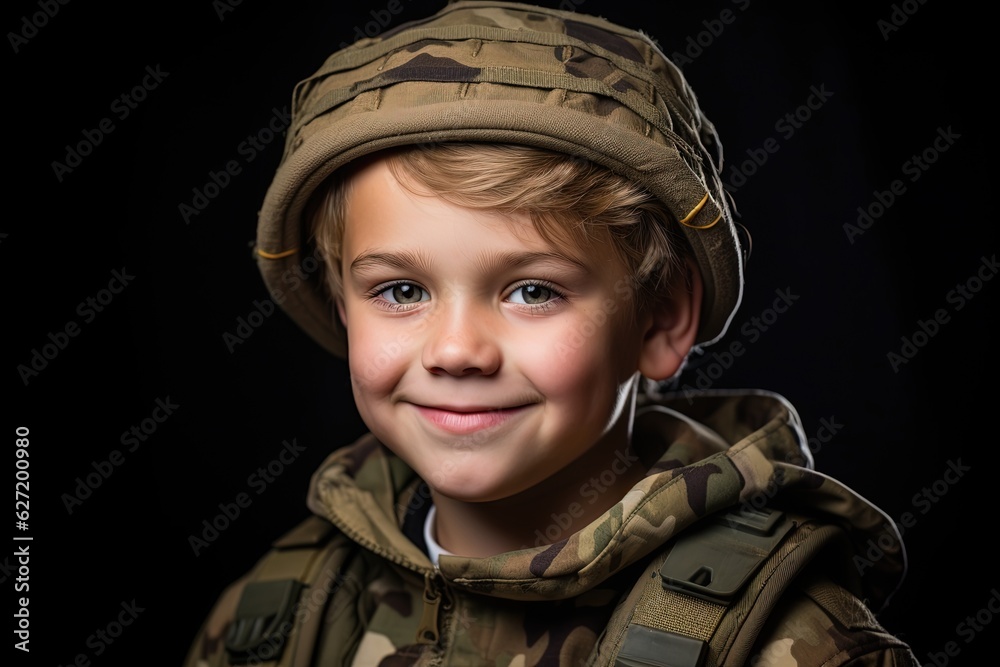 Portrait of a cute little boy in military uniform on dark background.Generative Ai Portrait of a cute little boy in military uniform on dark background.Generative Ai