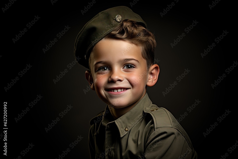 Portrait of a cute little boy in military uniform on dark background.Generative Ai Portrait of a cute little boy in military uniform on dark background.Generative Ai