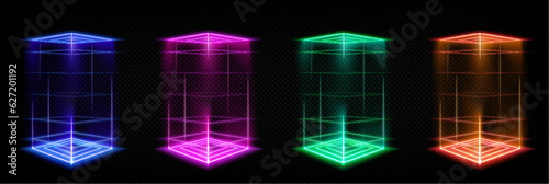 Set of square hologram portals with color light effect. Vector realistic illustration of futuristic game podiums with glowing laser beams, neon color teleports isolated on transparent background