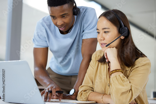 Konstfotografi Call center, customer service and manager helping a consultant with crm communication in the office