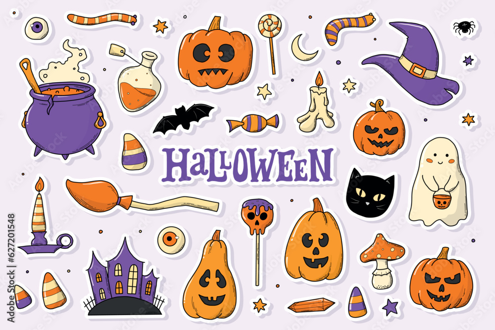 Set of pre-made Halloween stickers with white edge for prints, sublimation, labels, cards, posters, apparel, planners, stationary, etc. EPS 10