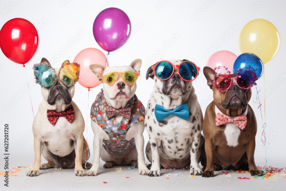 Happy dogs have a party. White background