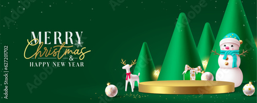 Merry christmas text vector design. Christmas podium for product presentation and display with pine tree ornaments. Vector illustration holiday season greeting in green background.