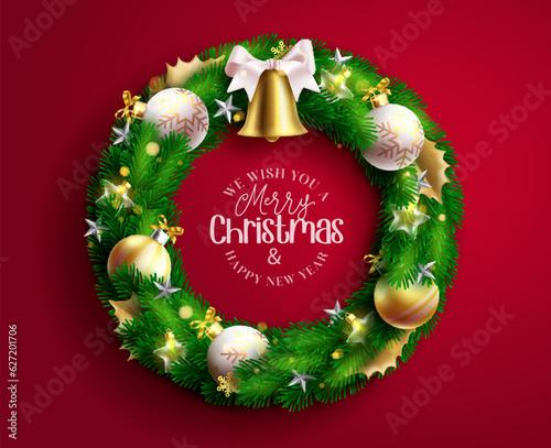 Christmas wreath vector design. Merry christmas greeting text with white and gold xmas balls elements for elegant garland decoration. Vector illustration seasonal wreath ornaments.