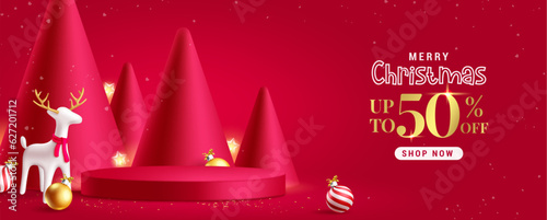 Christmas sale vector banner design. Merry christmas greeting text in podium stage for seasonal product presentation. Vector illustration in elegant red advertainment background.   photo