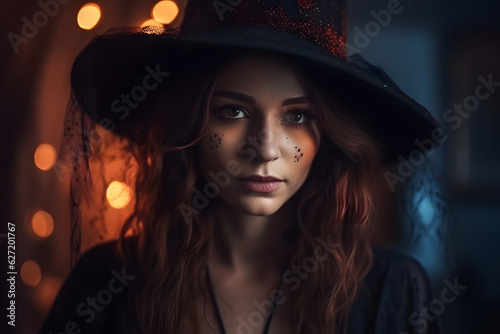 A beautiful young woman dressed as a halloween witch. Generative AI